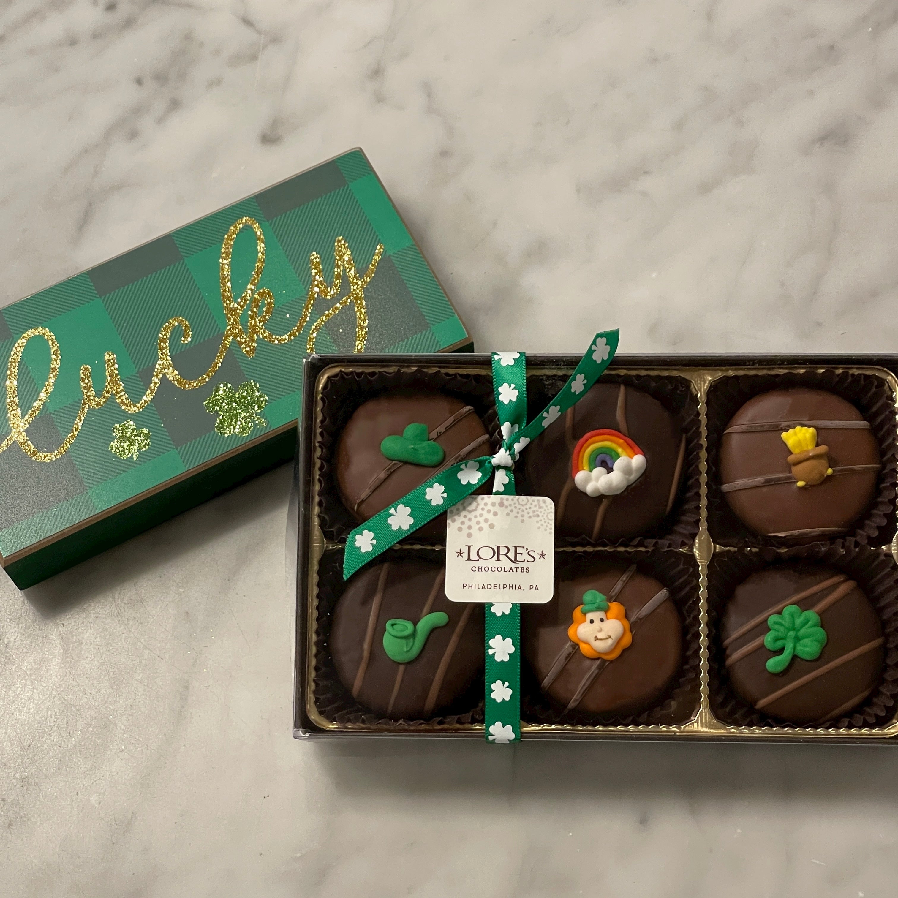 chocolate covered oreos-St. Patty's decorations on each-rainbow-pot of gold-shamrock-clover-pipe-milk chocolate and dark chocolate-6 pack