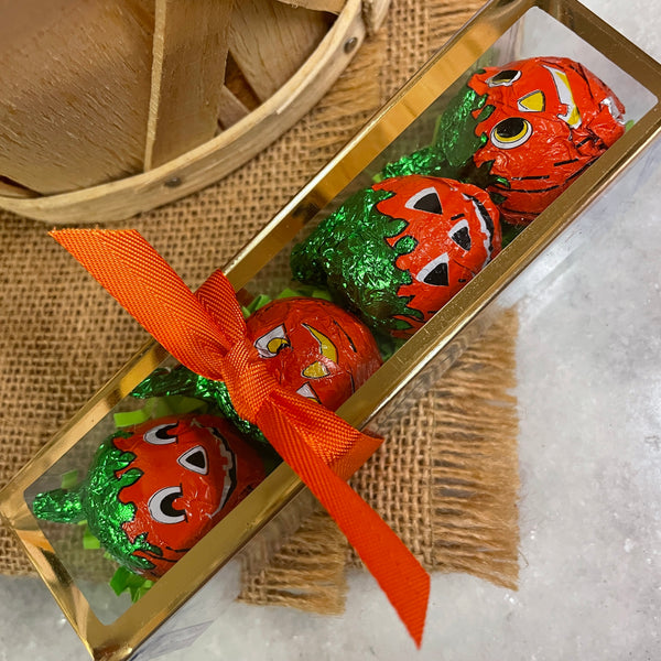 Milk Chocolates pumpkins-Peanut Butter filled- jack o lantern foil-festive ribbon- 4 piece gift box