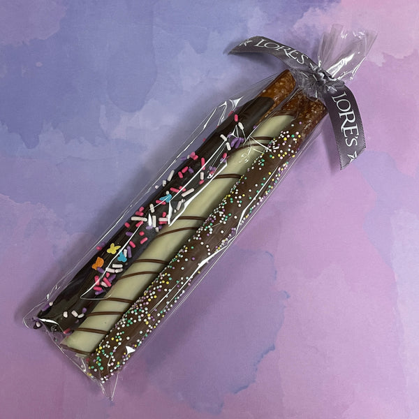 Crunchy pretzel rods dipped in milk chocolate-dark chocolate-white chocolate-decorated for easter-three pack