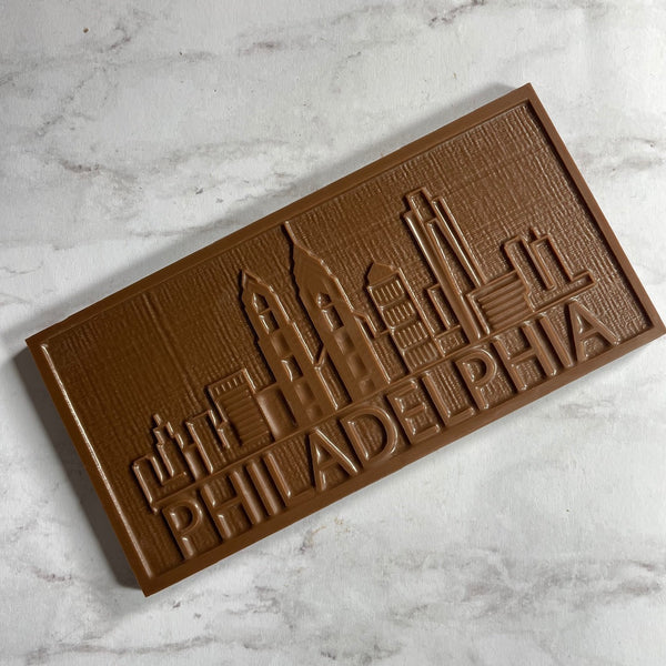 Lore's Chocolates exclusive Philadelphia Skyline in solid milk chocolate - Gift boxed. Philly Chocolate Gift.