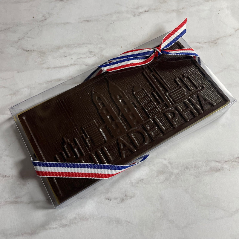 Philadelphia Chocolate exclusively at Lore's Chocolates showing Philly Skyline in solid dark chocolate - Gift boxed.