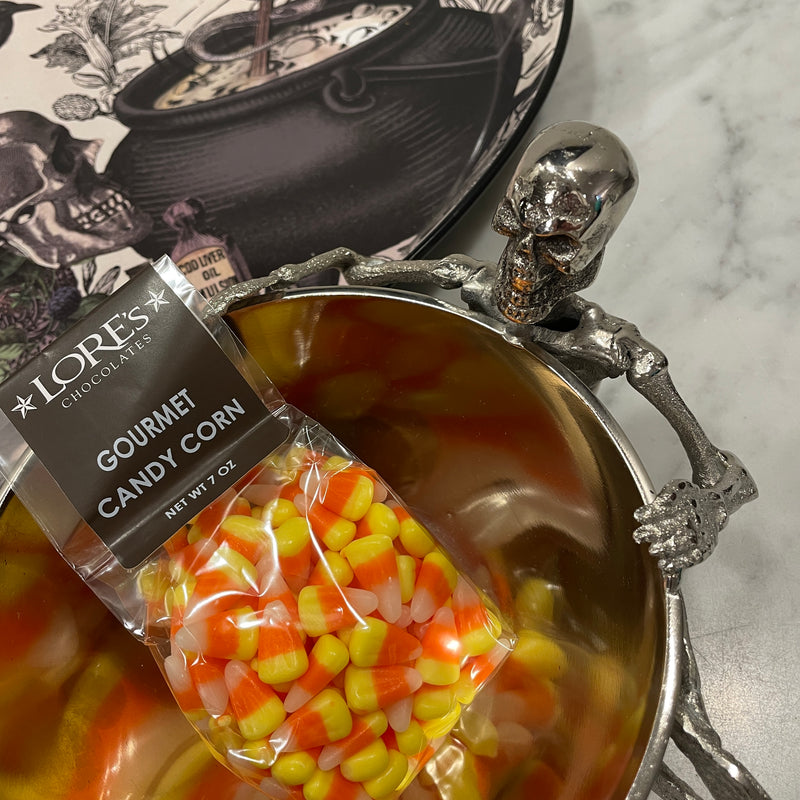 Gourmet Candy Corn in a silver skeleton bowl