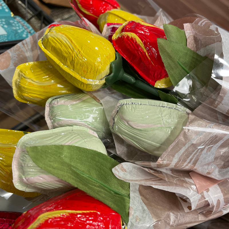Spring tulips- Mother's Day- 3-pk assortment of milk chocolate foiled tulips- gift-wrapped