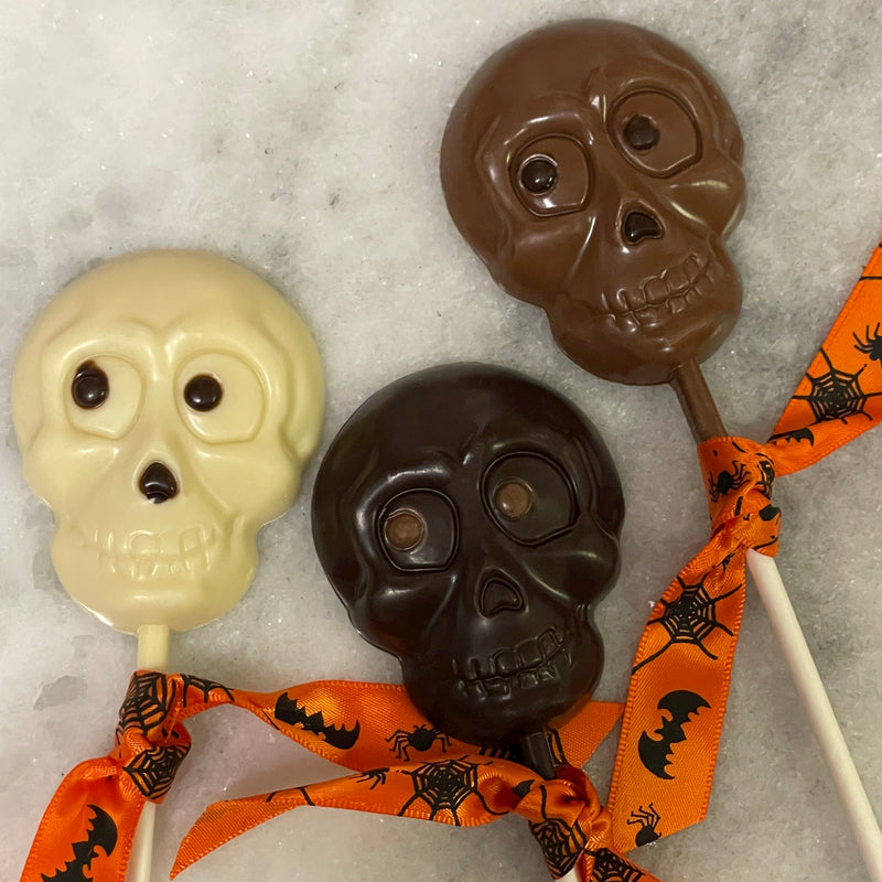 3 Silly skull chocolate lollipops - white chocolate, dark chocolate, and milk chocolate