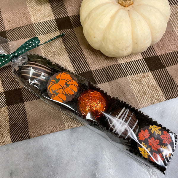 5 pack of assorted fall truffles: striped, pumpkin decal, autumn leaf decal, and orange foiled