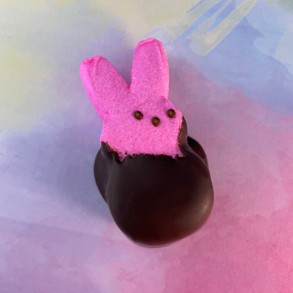 Marshmallow rabbit-hand dipped in Lores dark chocolate.