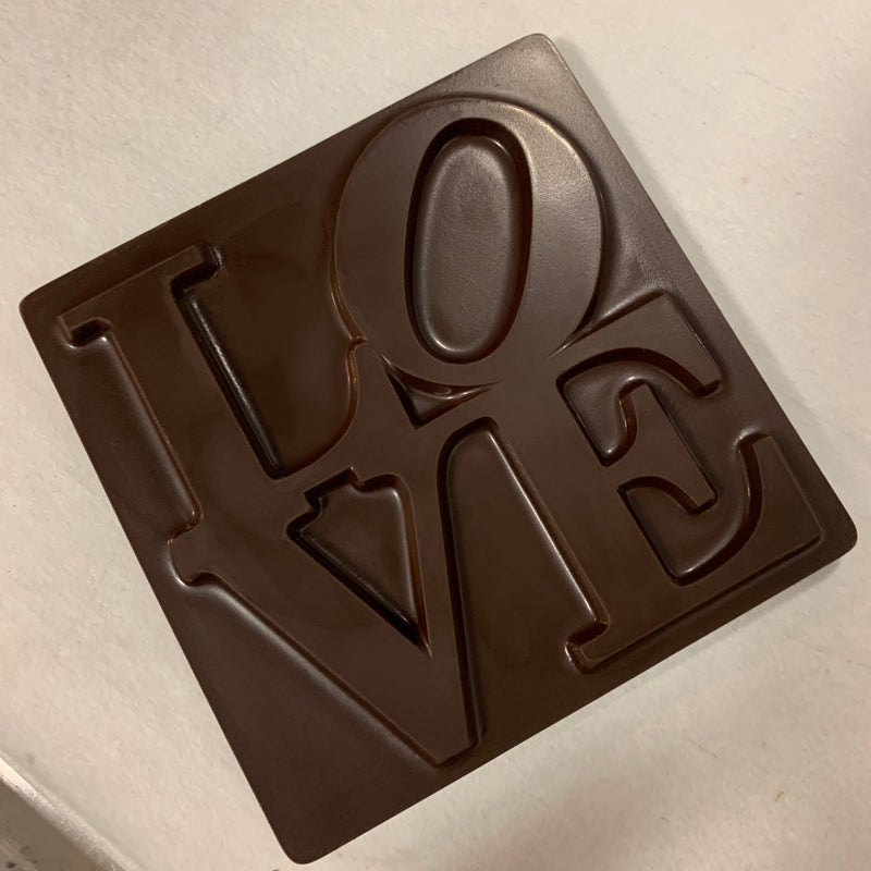 Gourmet dark chocolate LOVE sculpture made in a local philadelphian chocolate factory