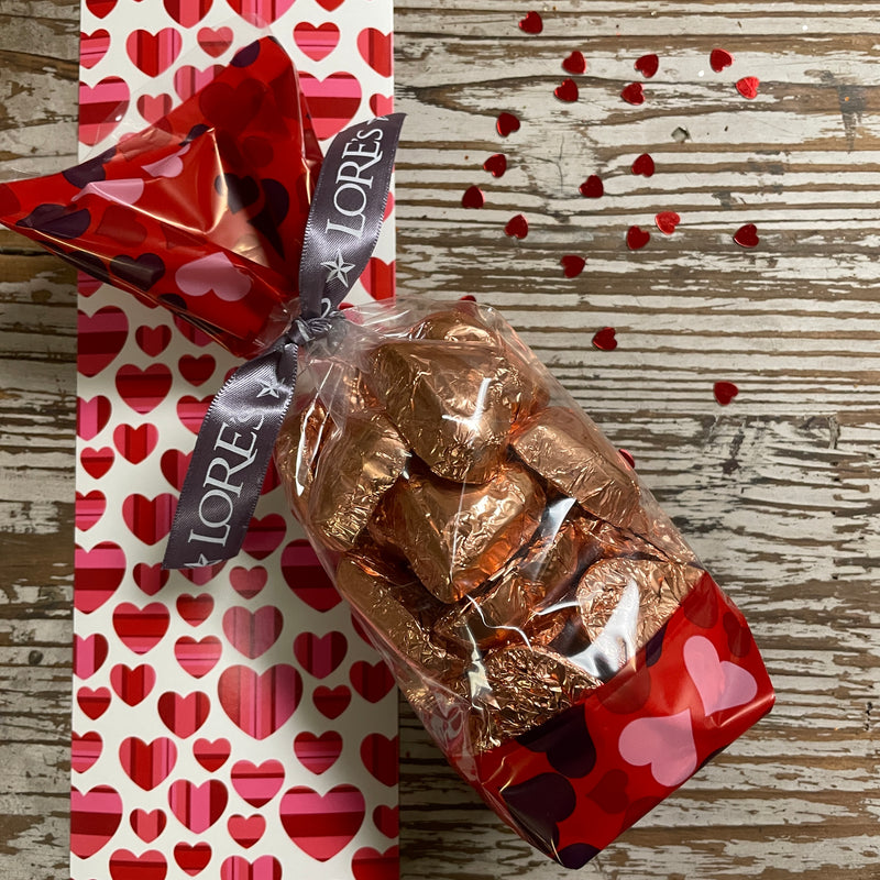 Dark chocolate Valentine hearts-bronze foil wrapped-7 ounces-Valentine decorated bag-red ribbon