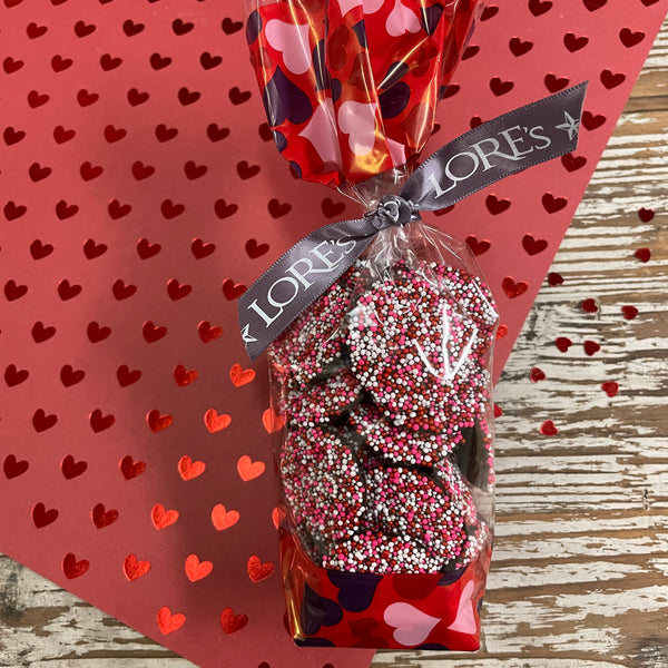 Lore's Chocolates - Valentine's decorated Non Pareil -dark chocolate-Gift Bag and bow