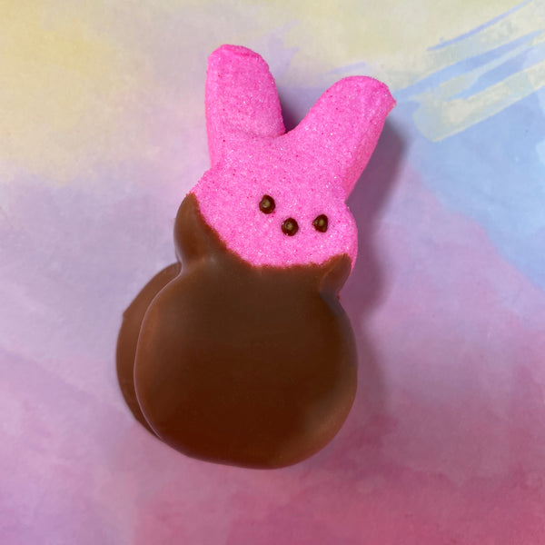 Marshmallow rabbit-hand dipped in Lores milk chocolate.