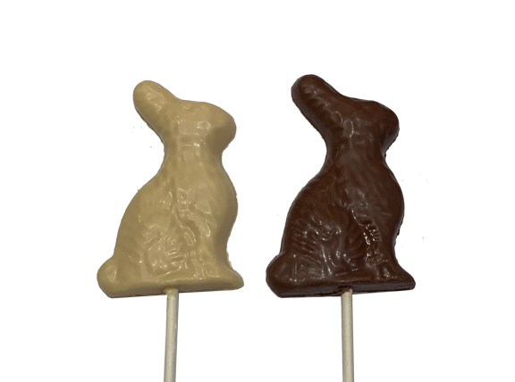 Solid Chocolate- sitting bunny pop-milk chocolate-dark chocolate-white chocolate